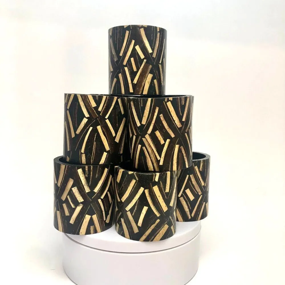 Vintage Pier 1 Napkin Rings Set 10 Wood Inlay Tribal Geometric Boho